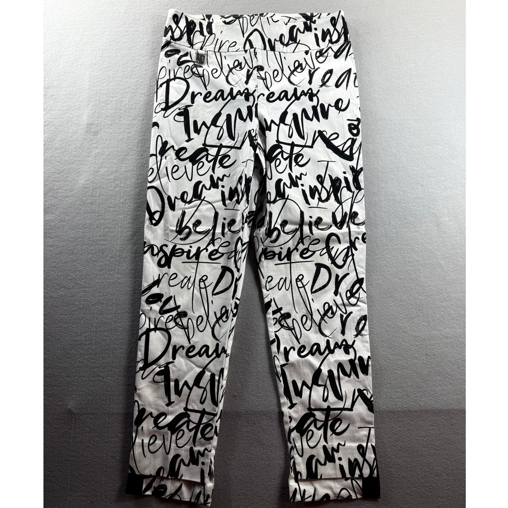Joseph Ribkoff Pants Women 12 White Script Print Slim Leg Side Stripe 33x28